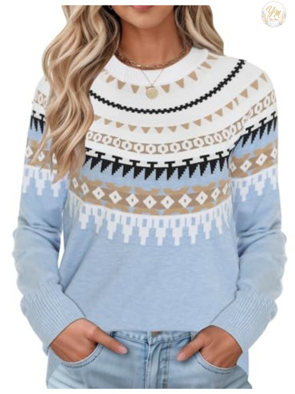 Womens Fair Isle Sweater Raglan Sleeve Crew Neck Knitted Pullover